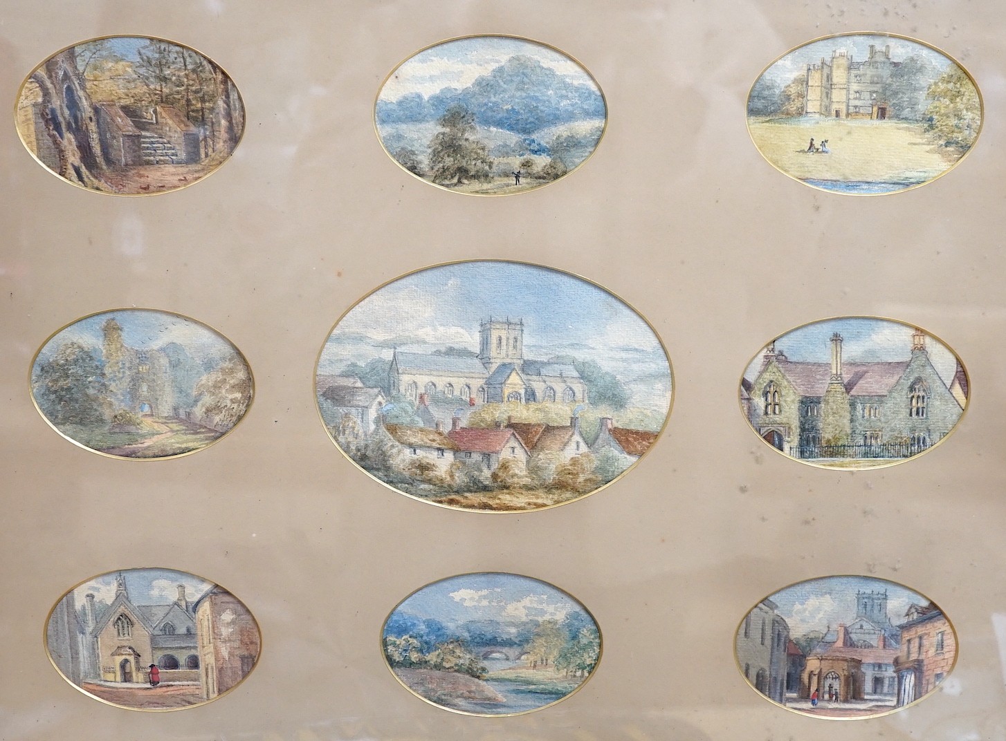 19th century English School, nine watercolours, Views of a country church and surrounding topography, largest 13 x 18cm, framed as one